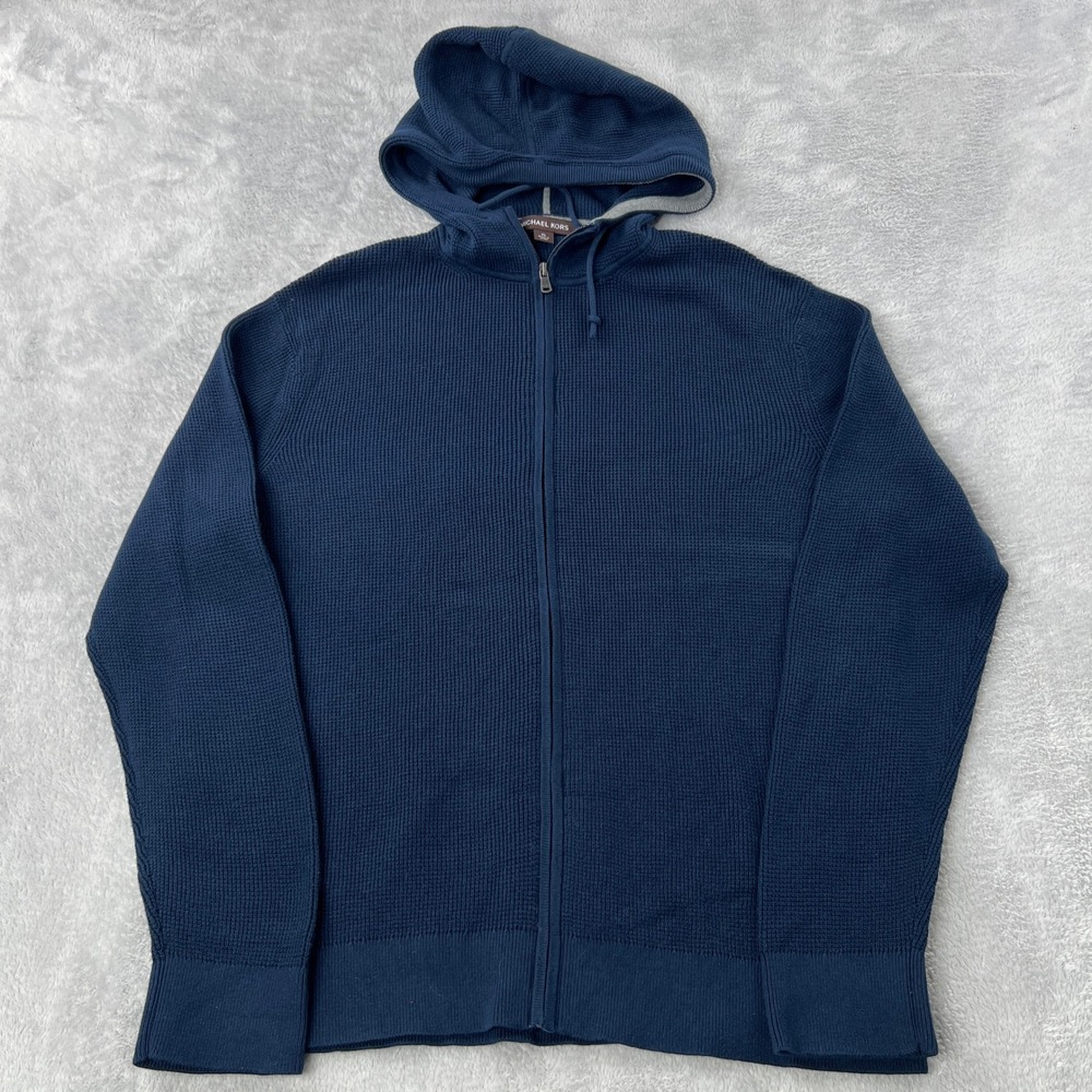 Michael Kors Waffle Knit Full Zip Hoodie XL Navy Blue Men Designer Sweater